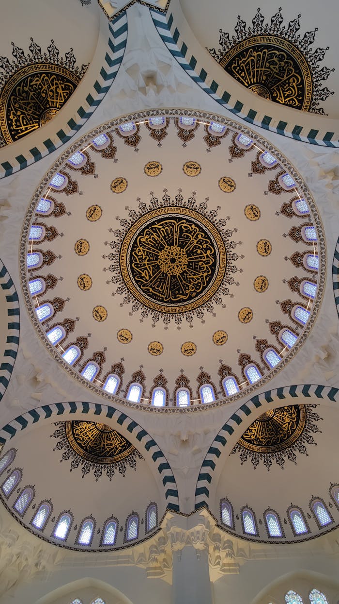 Beautifully detailed interior view of a mosque dome with traditional Islamic patterns